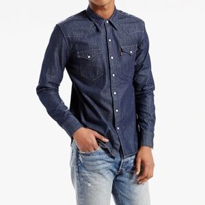 Levi's Barstow Western Denim Shirt Dark Wash Pearl Snap 100% Cotton Size Medium